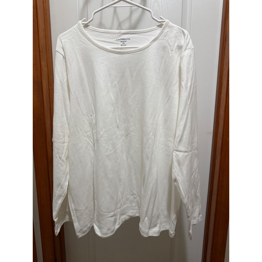 Croft & Barrow Mens 2X White Pima Cotton Long Sleeve Tee Shirt Solid Crew Neck